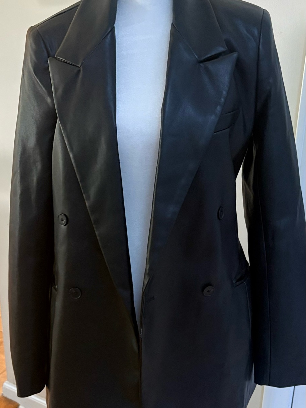 Zara Classic Black Faux Leather Double-Breasted Jacket